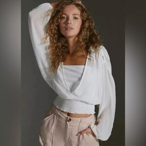 NEW Anthropologie Blouse S Crop White Layered Tank Top Long Sleeves Sheer NWT